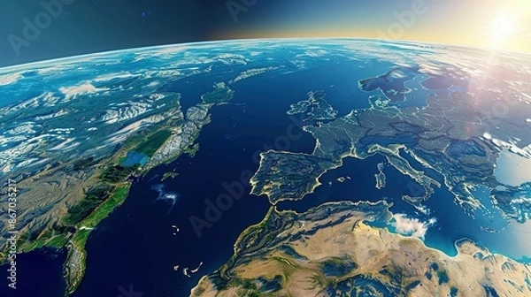 Fototapeta Digital world globe centered on America, illustrating global network and connectivity on Earth, data transfer, cyber technology, information exchange, and international telecommunication.