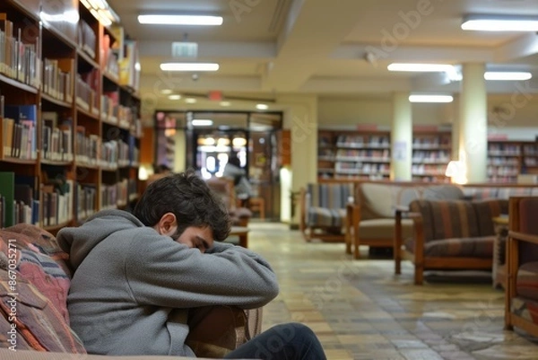 Obraz Young man is sleeping on a sofa, resting his head on his arms, in a library