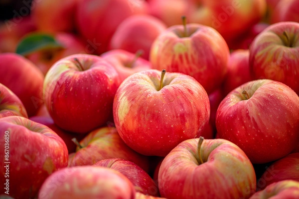 Fototapeta Pile of fresh Fuji apples. Close up shots. Generative AI