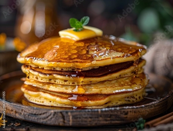 Fototapeta A Delectable Stack of Fluffy Pancakes Topped with Butter and Maple Syrup on a Rustic Wooden Table