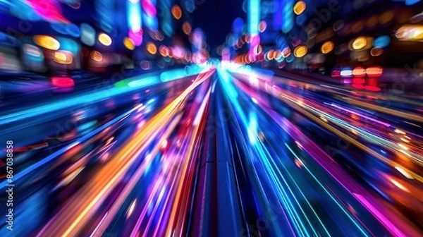 Fototapeta High-speed urban traffic on a city street during evening rush hour, with car headlights and busy night transport captured through motion blur lighting effects and abstract long exposure photography.