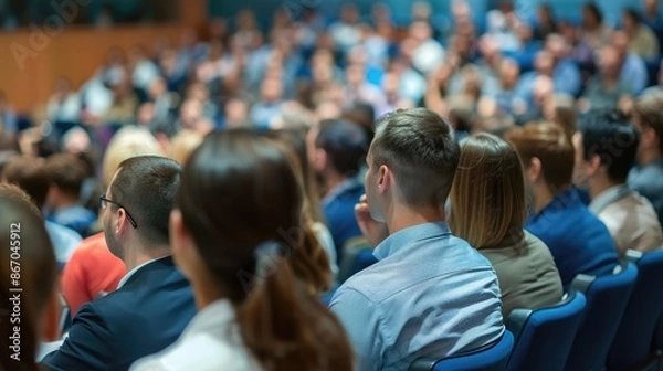 Fototapeta Business people or students are watching a presentation or attend a training or seminar in a lecture hall or auditorium. Conference hall full of people participating in the business training