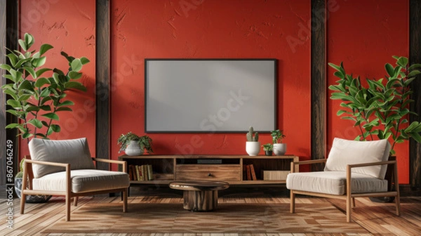 Fototapeta Modern Minimalist Interior Design with Blank Frame Mockup on Red Wall