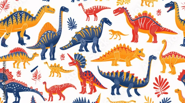 Fototapeta Abstract and colorful illustration of dinosaurs and their bones, creating a vibrant pattern on a white background