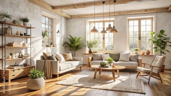 Fototapeta Bright airy Scandinavian-inspired Japandi living room with creamy plaster walls, reclaimed wood accents, and warm natural light flooding in.
