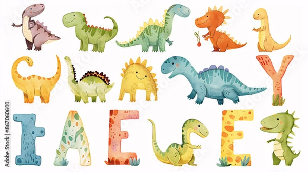 Fototapeta Hand-drawn dinosaur alphabet typography set, featuring cute and happy dinosaur characters on a white background