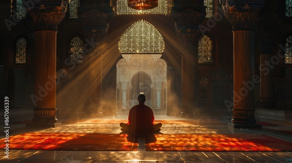 Fototapeta Buddhist Monk Meditating with Sun Rays Streaming Through