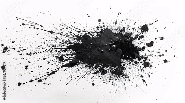 Fototapeta Abstract ink stain with splatter effect, monochrome, isolated on white background