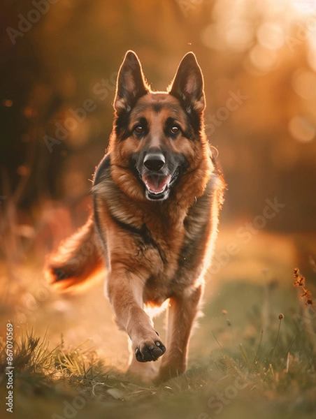 Fototapeta Full body shot of a German Shepherd, happily running in the soft sunlight.