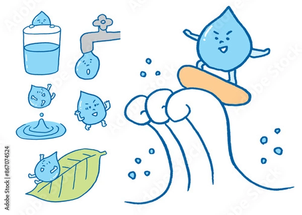 Fototapeta 青い水滴のかわいいキャライラスト