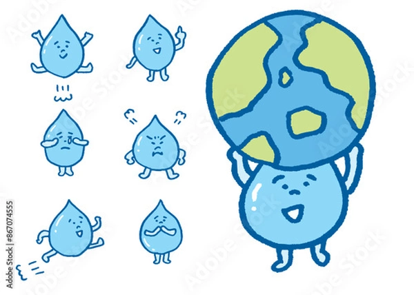 Fototapeta 青い水滴のかわいいキャライラスト