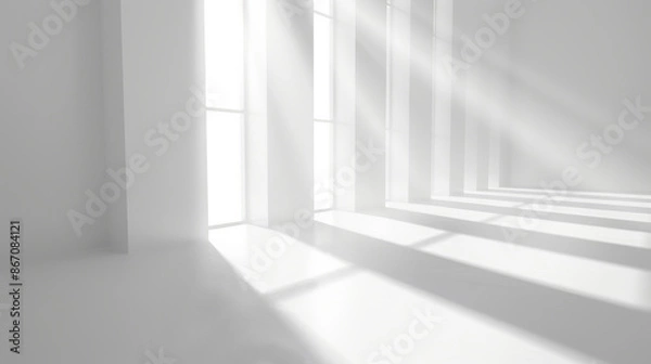 Fototapeta White empty room with sunshine and shadows of windows. White and grey background