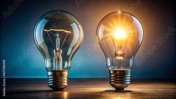 Fototapeta Illuminated light bulb symbolizes knowledge and understanding, contrasting with unlit counterpart, conveying epiphany and intellect through simple, yet powerful, visual representation.