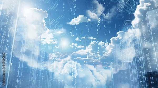 Obraz A cloud computing background with digital clouds hovering above a cityscape of server racks