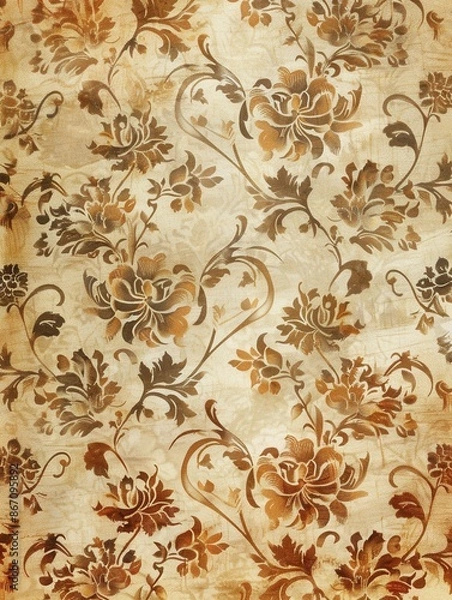 Fototapeta A nostalgic and elegant background featuring a vintage floral pattern in shades of brown and gold, perfect for antique shops and retro-style cafes. Generative AI