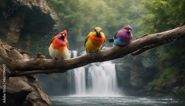 Obraz Three birds perched on a branch near a waterfall in their natural habitat, creating an enchanting atmosphere for bird enthusiasts.
