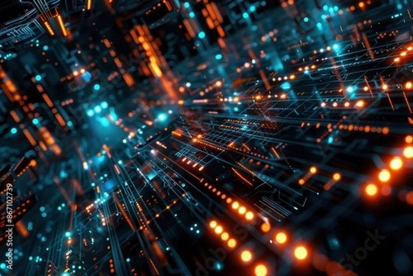 Obraz Futuristic Circuit Board With Glowing Lights. Technology, AI, and Digital Network Concept