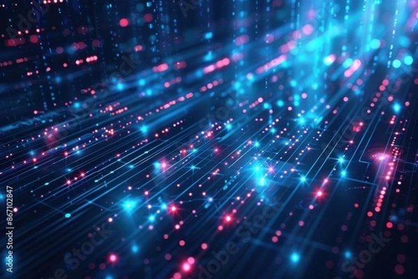 Obraz Abstract background of glowing blue and pink lines and particles. Concepts. technology, data, internet, communication, digital, network, cyberspace.