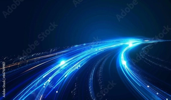 Fototapeta Blue Light Trail on Dark Background, Vector Illustration for Technology and Speed Concept