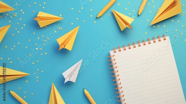Fototapeta School notebook background. 3d flying yellow paper airplanes. Vector cartoon children planes 