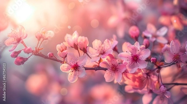 Fototapeta A dreamy pastel pink spring background with delicate cherry blossoms and soft sunlight filtering through the branches, creating an atmosphere of serenity and beauty.