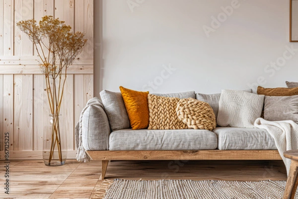 Obraz Residential interiors design composition in warm tone with natural window lighting, stylish furniture and copy space. Rustic Real Estate advertising composition.