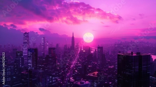Fototapeta vaporwave style city skyline with buildings and skyscrapers, a purple sun is setting in the background, cyberpunk aesthetic, dark fantasy, neon lights