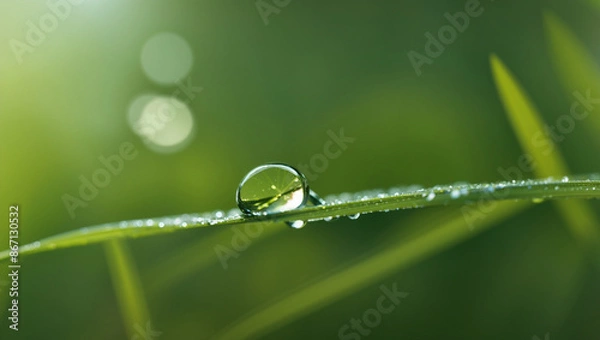 Fototapeta A single water droplet sits on a blade of grass