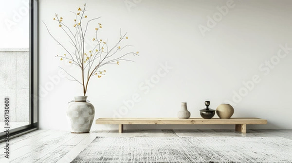 Fototapeta Elegant minimalist room interiors with Japanese decor, in neutral contrasting tone with lots of window lighting and copy space. Property advertising conceptual image for Real Estate.