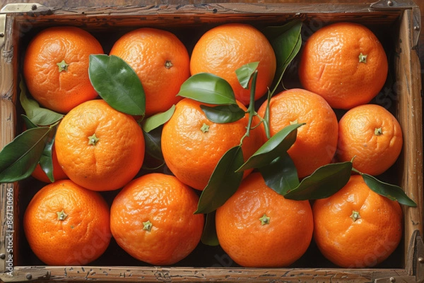 Fototapeta Top view of clementines in a wooden crate. Generative AI