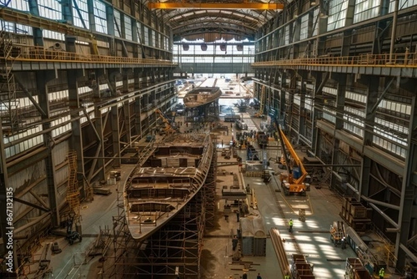 Obraz Engineers and technicians working in a shipyard, constructing a large ship in a dry dock