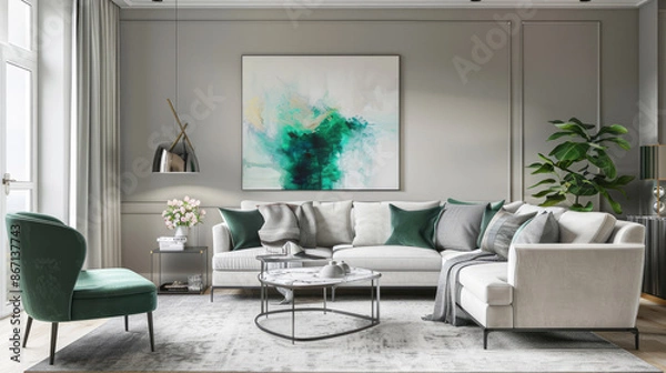 Fototapeta Enter a modern living room adorned in calming neutral tones of soft greys and whites, with occasional pops of vibrant emerald green. 