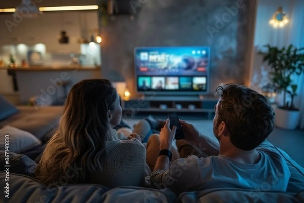Obraz A stylish living room setting with a young couple sitting on a contemporary sofa, each holding a sleek, modern remote control. The television screen displays a popular streaming service interface,