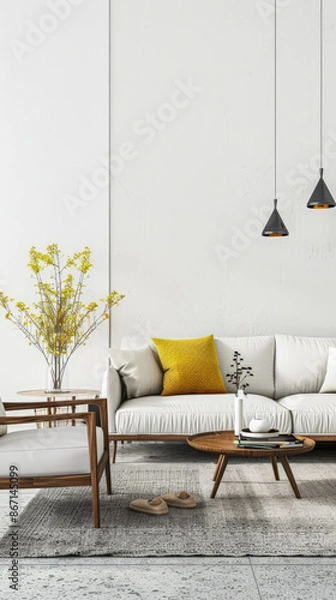 Obraz Minimalist living room interiors with rustic furniture, window lighting and copy space. Residential Real Estate composition in neutral tone.