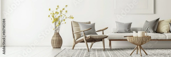 Fototapeta Minimalist living room interiors with rustic furniture, window lighting and copy space. Residential Real Estate composition in neutral tone.