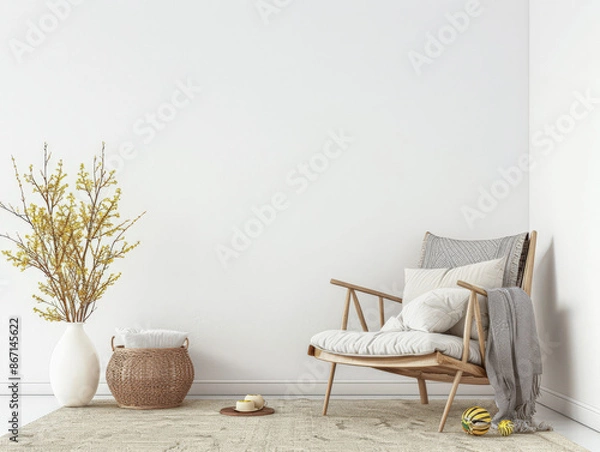Fototapeta Minimalist living room interiors with rustic furniture, window lighting and copy space. Residential Real Estate composition in neutral tone.