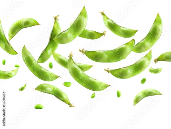 Fototapeta Fresh green edamame beans scattered in a pattern, isolated on a white background. Perfect for healthy eating and vegetarian concepts.