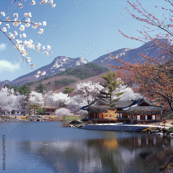 Fototapeta 한국 자연의 그림 같은 풍경.한국 전통 가옥과 나무가 있는 풍경