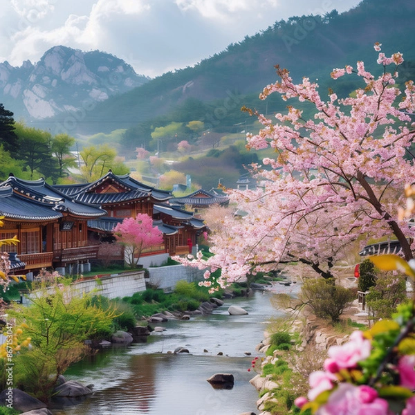 Fototapeta 한국 자연의 그림 같은 풍경.한국 전통 가옥과 나무가 있는 풍경