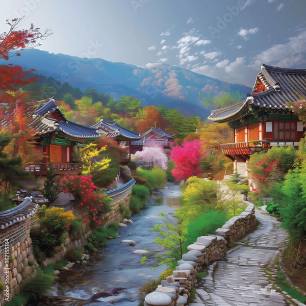 Fototapeta 한국 자연의 그림 같은 풍경.한국 전통 가옥과 나무가 있는 풍경