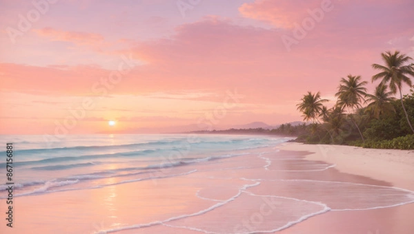Fototapeta A pink and orange sunset over a sandy beach with palm trees