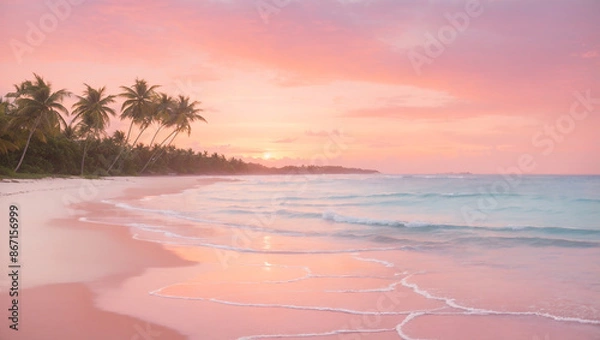 Fototapeta A pink and orange sunset over a sandy beach with palm trees