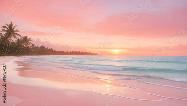 Fototapeta A pink and orange sunset over a sandy beach with palm trees