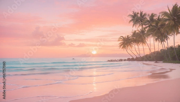 Fototapeta A pink and orange sunset over a sandy beach with palm trees