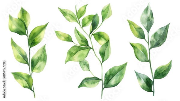 Fototapeta Detailed realistic green leaves on twigs isolated on a transparent background