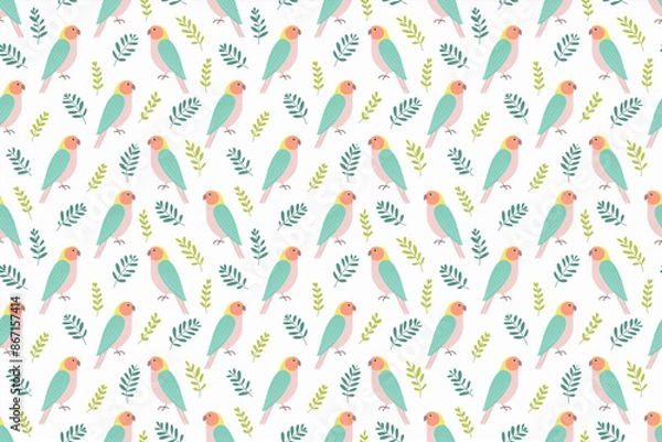 Fototapeta 可愛いインコと葉のシームレスパターン、白背景