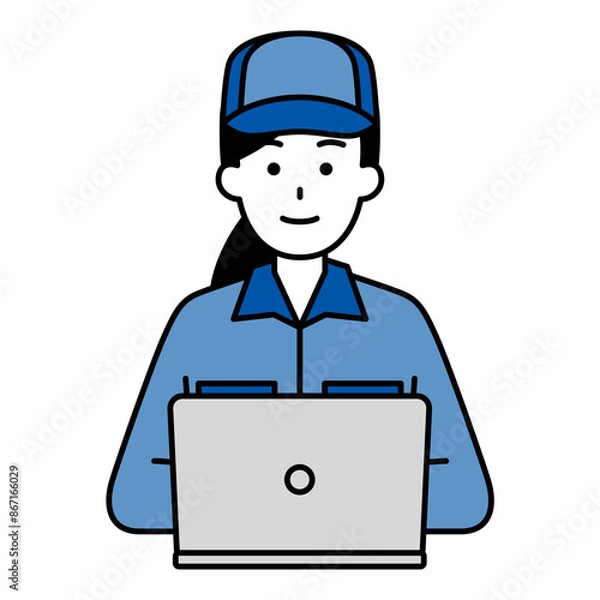 Obraz 正面を向くノートパソコンで仕事をしているつなぎ作業服の女性