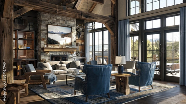 Obraz Step into a cozy rustic-inspired living space featuring the enduring allure of reclaimed wood, textured stone, and thoughtfully selected rustic furnishings.