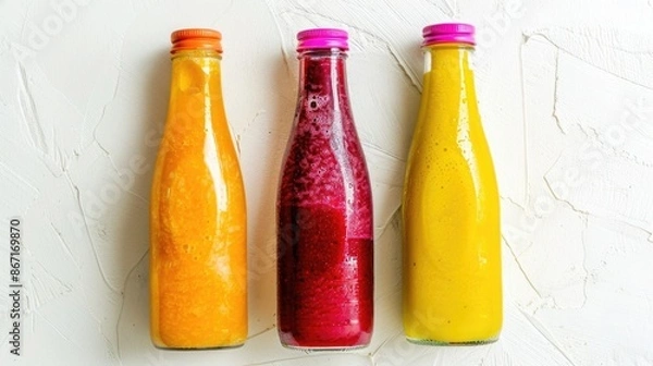 Fototapeta Three bottles of juice on white background