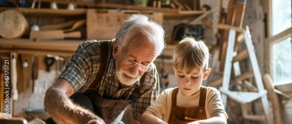Fototapeta Grandfather and grandson working in workshop